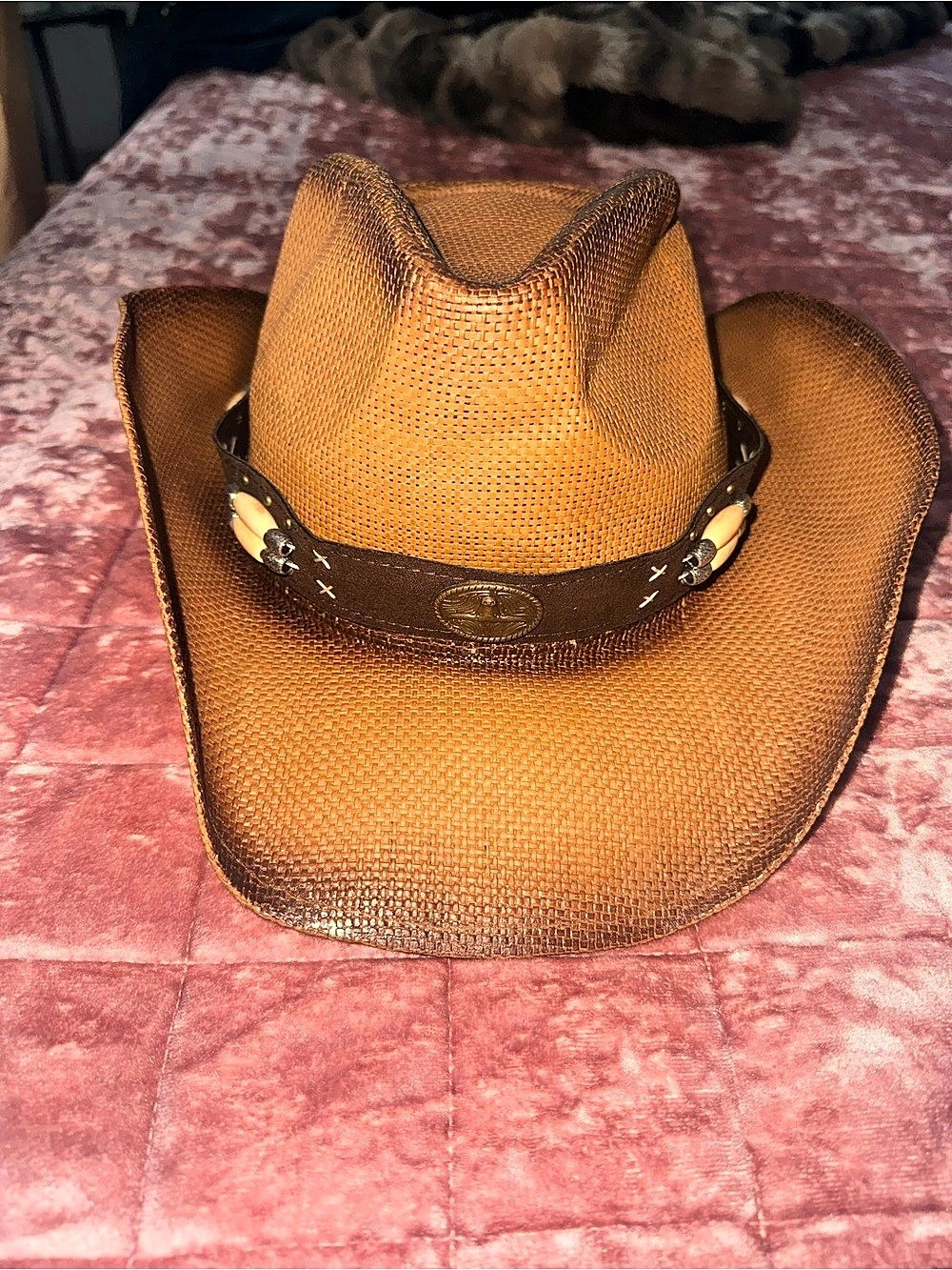 Western Express Brown Straw Cattleman Beaded Diamond Concho Western Hat Cowboy